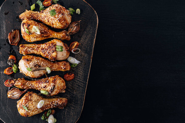 Baked Chicken Drumsticks Sesame Honey Soy Sauce Onion Spices Stock Image