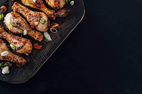 Baked Chicken Drumsticks Sesame Honey Soy Sauce Onion Spices Stock Image