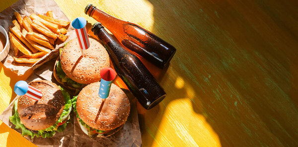 Three Fresh Juicy Burgers American Flag Style Fireworks Inserted Them Stock Photo