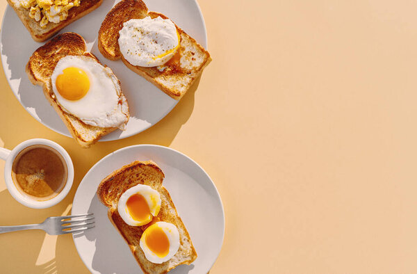 Fried Toast Bread Four Different Types Cooked Chicken Eggs Scrambled Stock Image