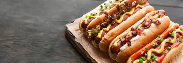 Barbecue Grilled Hot Dogs Yellow American Mustard Dark Wooden Background Royalty Free Stock Images