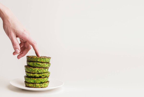 Pea Fritters White Plate White Plate Chef Hand Touches Upper Stock Picture