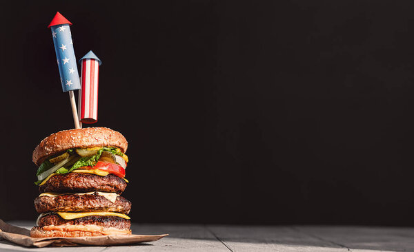Big Burger Three Juicy Beef Patties Bonded American Flag Firework Royalty Free Stock Images