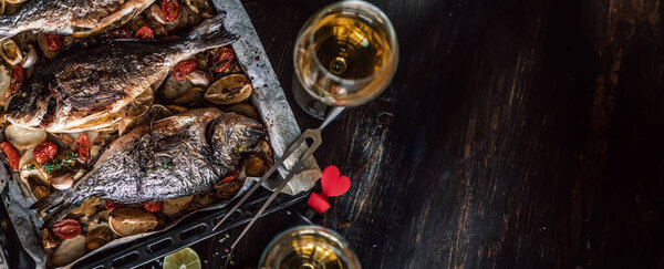 Mother Cooks Dinner Whole Family Bakes Dorado Fish Stock Photo