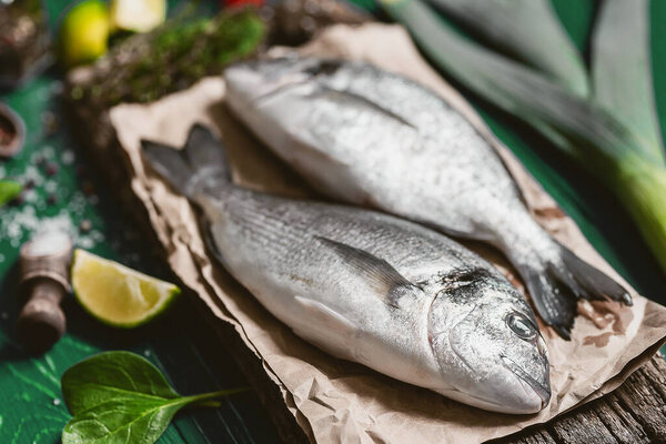 Fresh Raw Dorado Fish Spices Dinner Two Your Loved One Royalty Free Stock Photos