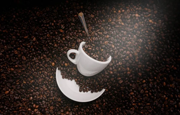 Eine Weiße Kaffeetasse Zwischen Gerösteten Kaffeebohnen lizenzfreie Stockfotos