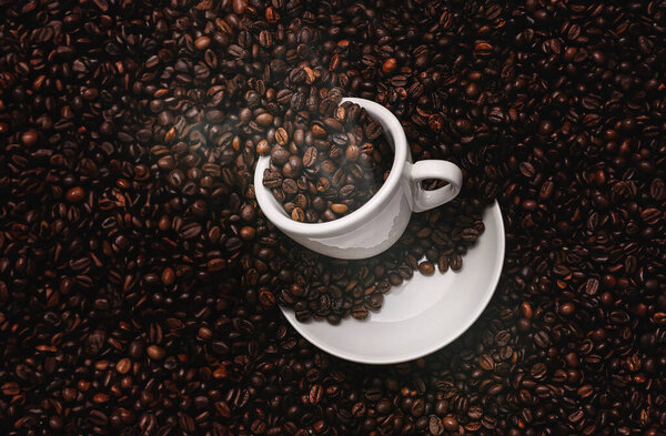White Coffee Cup Roasted Coffee Beans Stock Photo