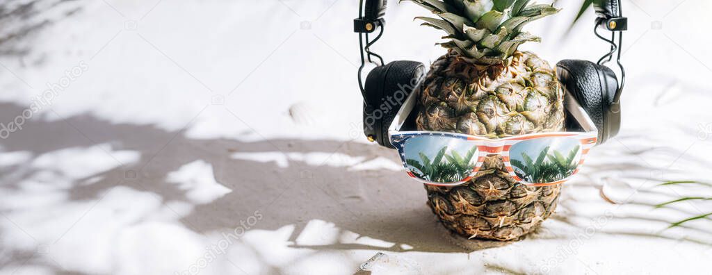 Fresh Juicy Ripe Pineapple Sunglasses Sand Hot Sun Stock Image