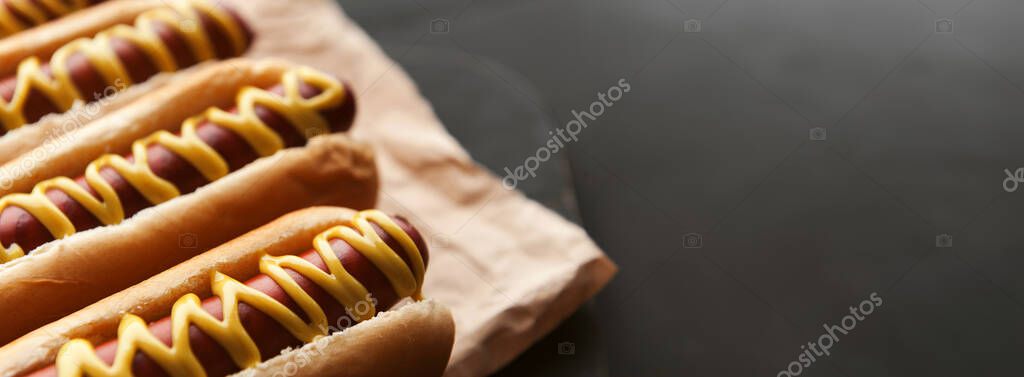 Barbecue Grilled Hot Dogs Yellow American Mustard Dark Wooden Background Stock Picture