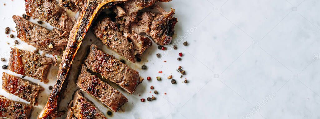 Freshly Cooked Juicy Bone Steak Rosemary Garlic Spices Light Marble Stock Image
