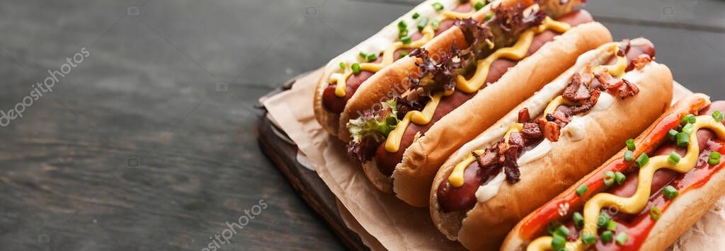 Barbecue Grilled Hot Dogs Yellow American Mustard Dark Wooden Background Royalty Free Stock Images