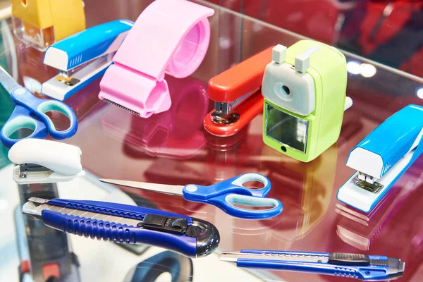 Stationery scissors, staplers in shop