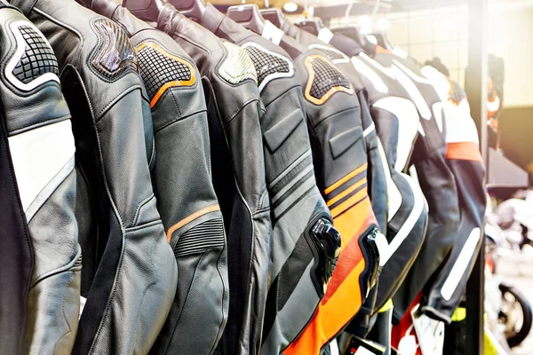 Leather motorcycle jackets in sport store
