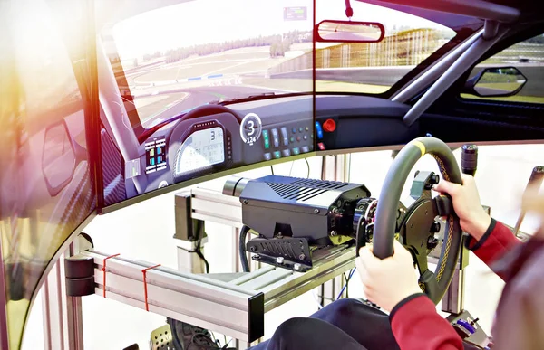 Gamer Playing Computer Simulator Race Car — Stock Photo, Image