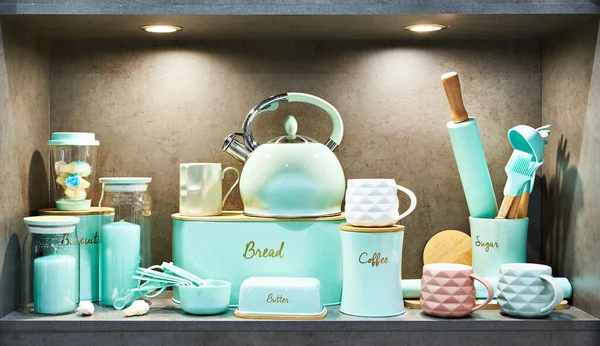 Küchenutensilien Pfannen Wasserkocher Dosen Für Tee Und Kaffee — Stockfoto