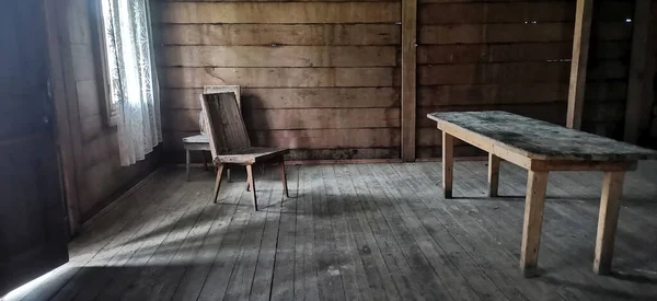 Interior Old Abandoned House Wooden Chair Table — Stock Photo, Image