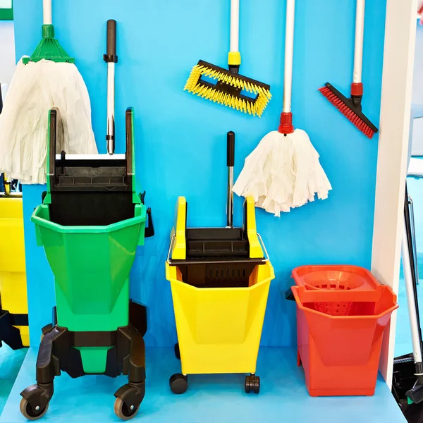 Cleaning Trolleys Brushes Buckets Store Exhibition — Stock Photo, Image