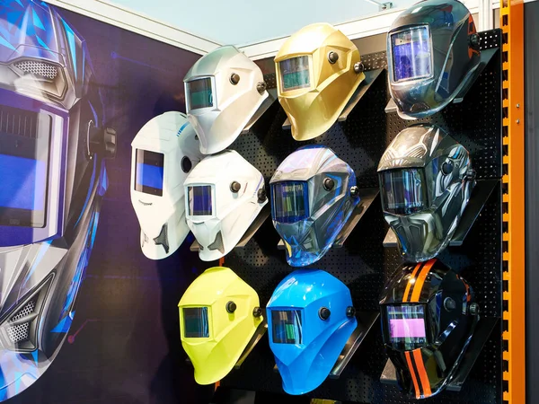 Protective Helmets Masks Welding Store — Stock Photo, Image