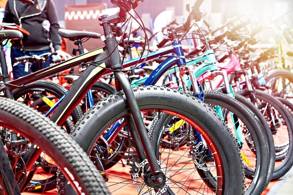 Ряд Современных Горных Велосипедов Магазине Спортивных Товаров — стоковое фото