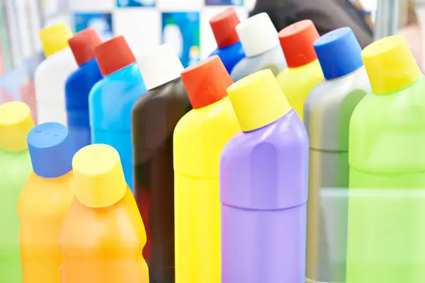 Plastic bottles for household chemicals in exhibition