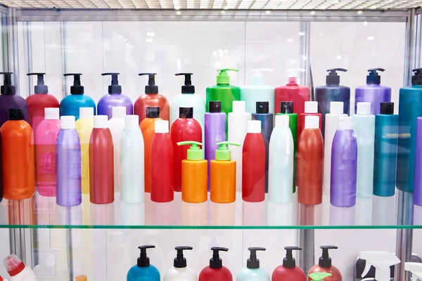 Plastic bottles for household chemicals and perfumes on exhibition
