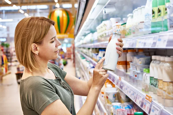 Woman Shopping Milk Grocery Store Stock Image