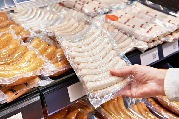 White Sausages Hands Buyer Supermarket — Stock Photo, Image