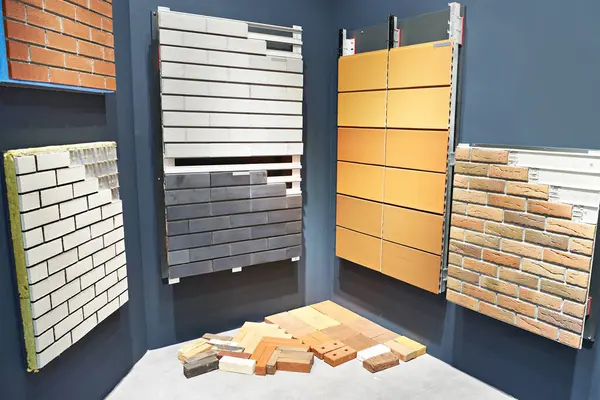 Samples of bricks and decorative wall panel on construction store exhibition