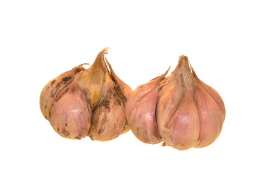 Beyaz arkaplanda sarımsak izole edilmiş.