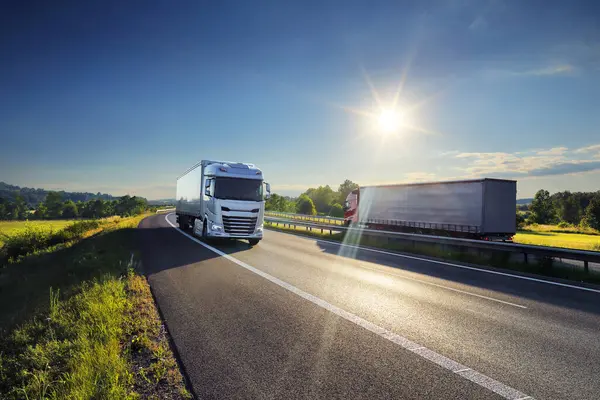 Gün batımında kırsal alanda bir otoyol üzerinde büyük bir nakliye kamyonu.