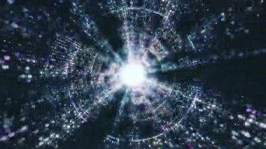 Parlayan parçacıkların oluşturduğu fütüristik dijital tünel canlı bir bilim kurgu girdabı etkisi yaratıyor. Veri iletimi, zaman yolculuğu veya sanal gerçeklik ortamları için mükemmel. Radyasyon ışıkları ve teknolojiyle soyut siber uzay arkaplanı