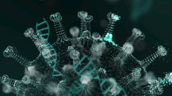 Coronavirus 2019-nCov inside infected organism under microscope presented as green color cells on black background. Dangerous virus strain cases leading to epidemic. 3d rendering closeup in 4K footage