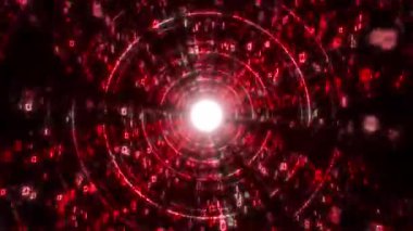 Parlayan kırmızı ikili kodlardan oluşan geleceksel bir tünel ve veri akışları merkezi bir ışık kaynağına doğru akar. Bu soyut animasyon dijital bilgi ve ağ kavramlarını resmetmek için mükemmeldir.