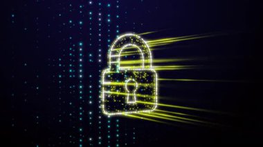 Parlak sarı bir asma kilit, verileri şifreleme ve güvence altına alma sürecini sembolize ediyor. Bu animasyon, şifreleme, veri akışı görselleştirmesi ve sunumları açıklamak için mükemmeldir.