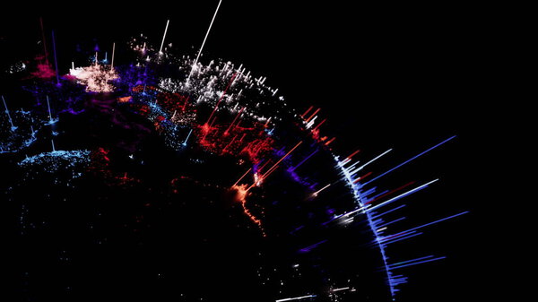 Красный, белый и синий столбцы данных поднимаются из отражающего земного шара, визуализируя плотность населения города. Инфографика глобальной статистики, выборов или демографических отчетов. Это 4K 3D рендер.