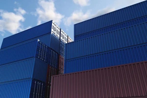 stock image Warehouse of stacked cargo standard containers for temporary storage, loading, unloading and sorting at the container point. A lot of multi-colored containers on a specialized site on a clear sunny day against the sky.