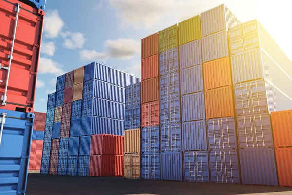 stock image Warehouse of stacked cargo standard containers for temporary storage, loading, unloading and sorting at the container point. A lot of multi-colored containers on a specialized site on a clear sunny day against the sky.