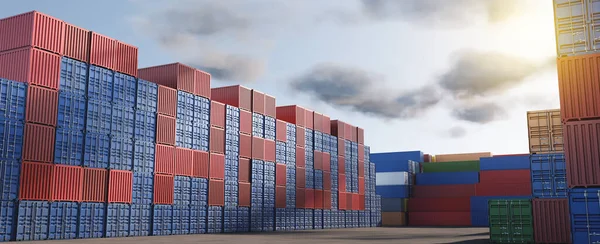 The inscription Cargo from red and blue cargo containers against the background of a cloudy sky.