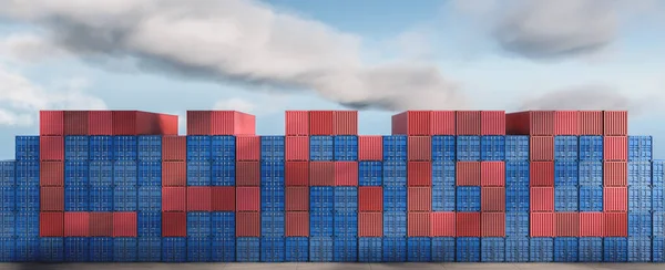 The inscription Cargo from red and blue cargo containers against the background of a cloudy sky.