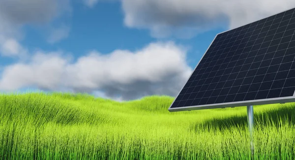Ένα Τετράγωνο Ηλιακό Πάνελ Φόντο Πράσινο Γρασίδι Και Συννεφιασμένο Ουρανό — Φωτογραφία Αρχείου