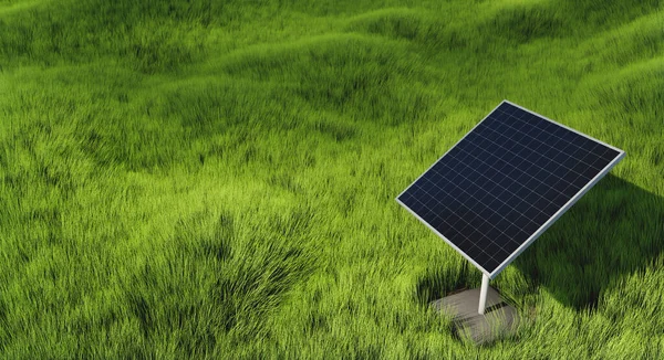 Jeden Kwadratowy Panel Słoneczny Zielonym Tle Trawy — Zdjęcie stockowe