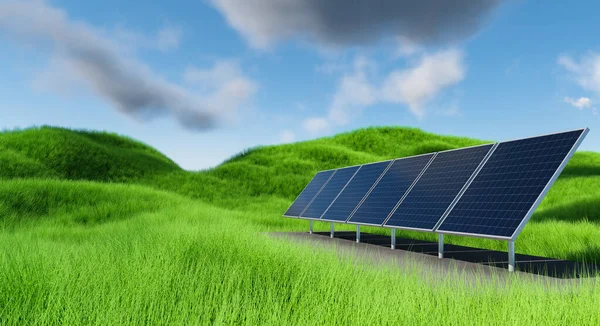 Vários Painéis Solares Contra Fundo Grama Colinas Verdes Céu Nublado — Fotografia de Stock