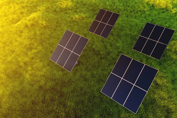 Solarmodule Bei Sonnenuntergang Auf Einem Feld Vor Grünem Gras Erdkraftwerk — Stockfoto