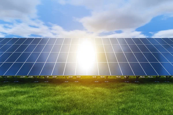 Reihen Von Sonnenkollektoren Auf Einem Feld Vor Grünem Gras Erdkraftwerk — Stockfoto