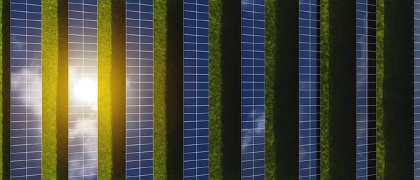 Filas Paneles Solares Atardecer Campo Contra Telón Fondo Hierba Verde — Foto de Stock