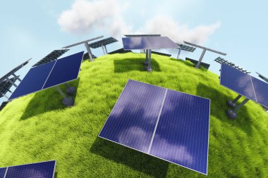 Çimenli yeşil bir küreye kurulmuş güneş panellerini kapat