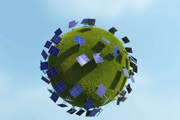 将太阳能电池板随机安装在绿色球体上 用青草制成 — 图库照片