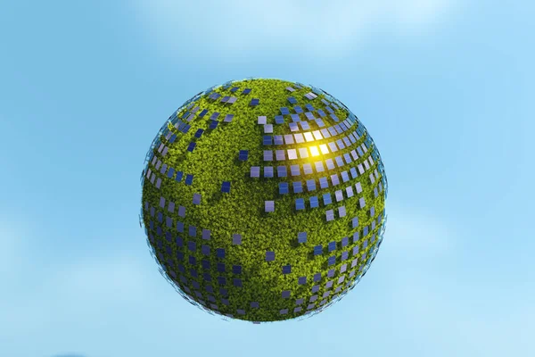 Many Small Solar Panels Green Sphere Grass — Stock Photo, Image