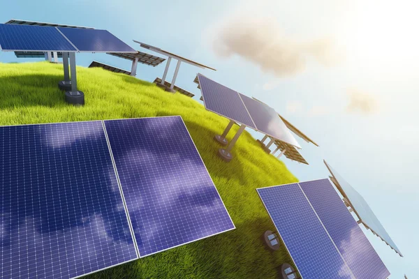 用青草在绿色球面上安装太阳能电池板 — 图库照片