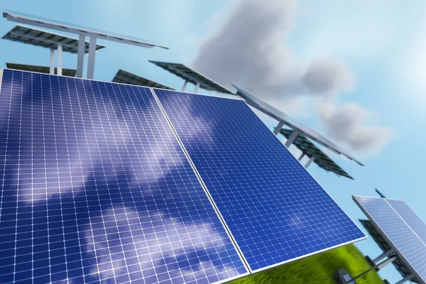Zbliżenie Paneli Słonecznych Zainstalowanych Zielonej Kuli Trawą — Zdjęcie stockowe